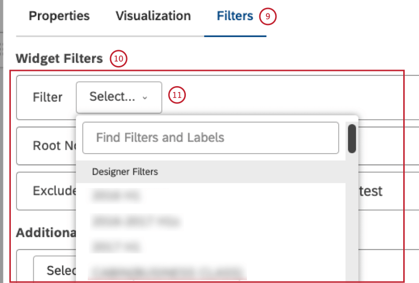 Para aplicar filtros predefinidos, guardados o ad hoc, seleccione la pestaña Filtros. En la sección Filtros de Widget , puedes seleccionar hasta 5 filtros predefinidos o guardados en el menú Filtro .