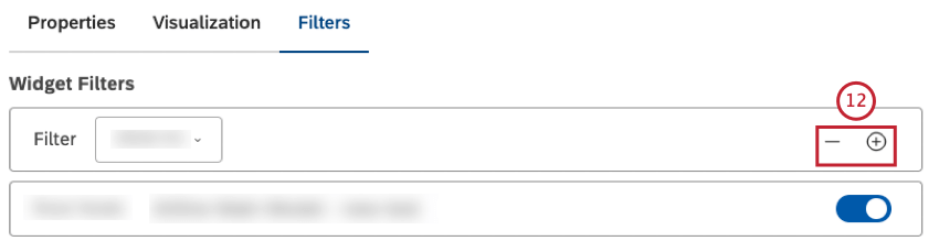 Para adicionar um filtro, clique no botão de adição ( + ). Para remover um filtro, clique no botão de menos ( - ).