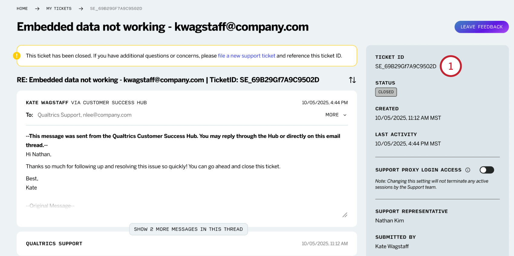 finding the support ticket ID in the email subject line