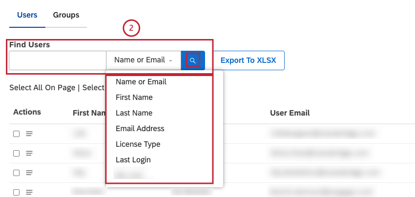 Search for users by entering any of the following options in the Find Users box and then selecting 1 corresponding option from the menu