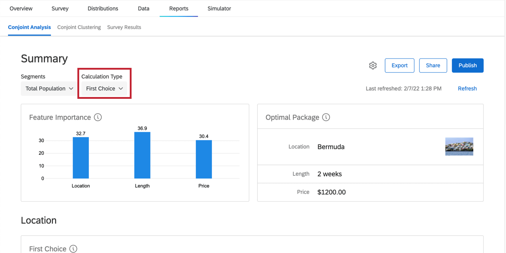 Image of Reports tab for Conjoint Analysis, calculation type dropdown at the top