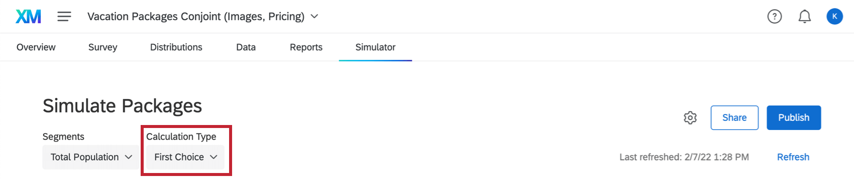 Imagem do menu suspenso do tipo de cálculo na parte superior da guia Simulador