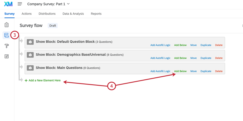 navigating to survey flow and clicking add a new element here
