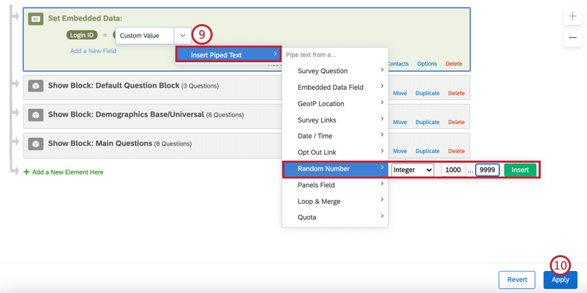 for the login ID value, using the piped text menu to insert a random number