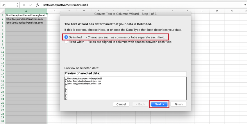 Delimited chosen. Ignore rest and click blue next button