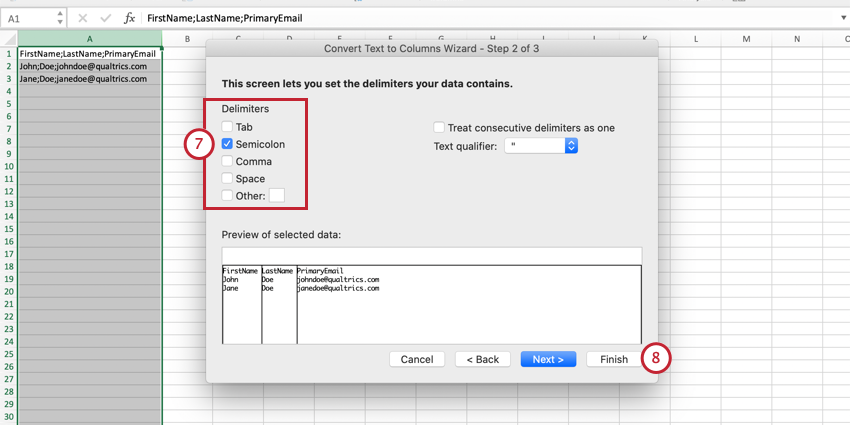 Semicolon checkbox in Delimiters section. Finish button in white bottom-right, beside the Next button