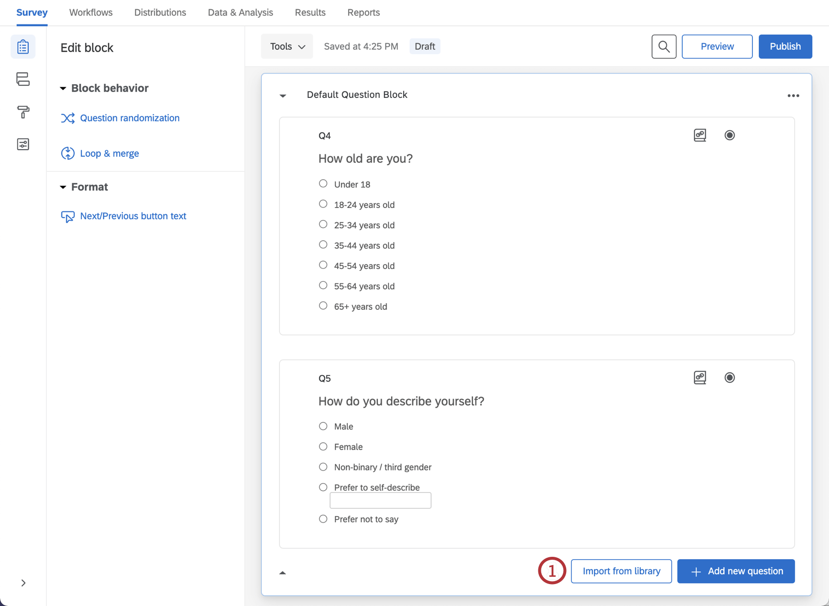Option Aus bibliothek importieren“ im Umfragen-Builder
