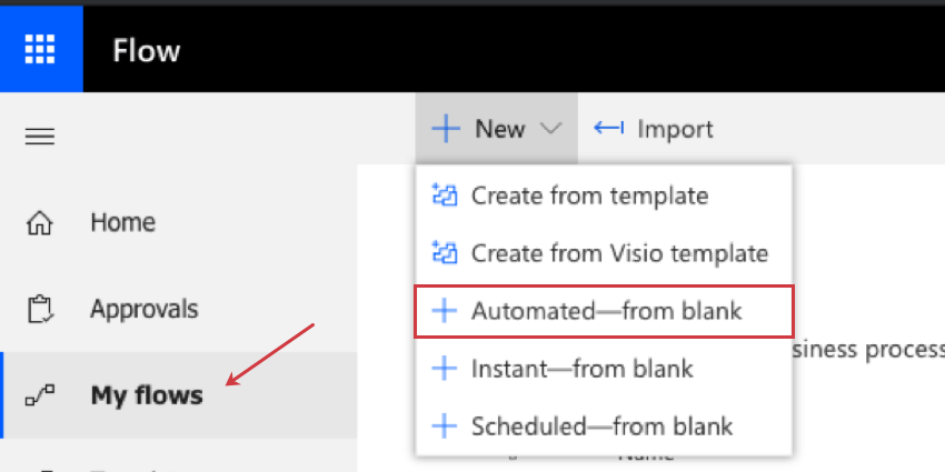 Canto superior esquerdo do microsoft flow, meus fluxos selecionados na terceira opção do menu à esquerda e um novo botão na parte superior clicado e expandido para mostrar a automatização da terceira opção em branco na lista