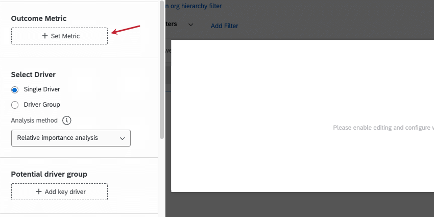 A métrica de resultado no painel de edição do widget à esquerda