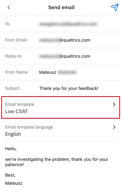 Immagine dello schermo di un telefono nellApp XM, con une-mail di follow-up visualizzata. Esiste un campo per il modello di e-mail