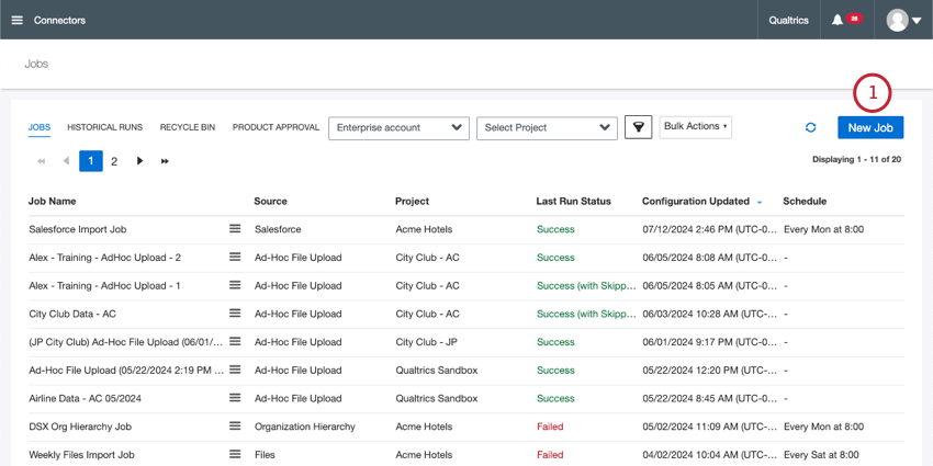 new job button in upper-right of connectors jobs page