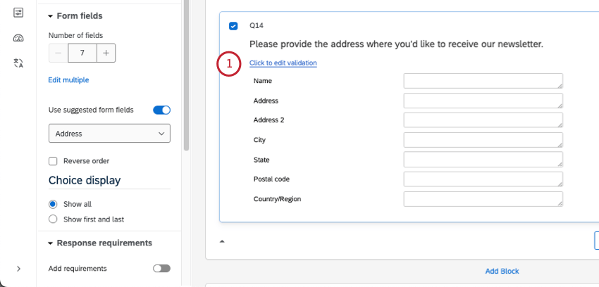 blue text above form fields says click to edit validation