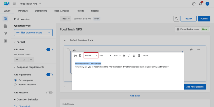 Menu a tendina Formato evidenziato nella parte superiore dellEditor per contenuti avanzati