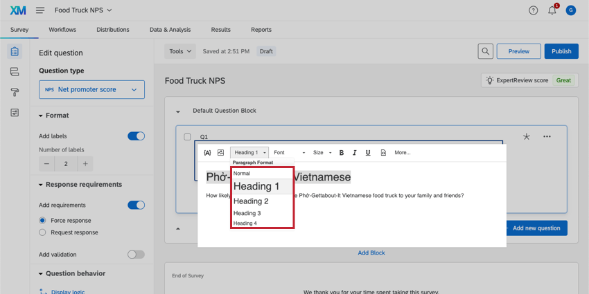 Format dropdown menu is opened, revealing the options for multiple heading and paragraph styles
