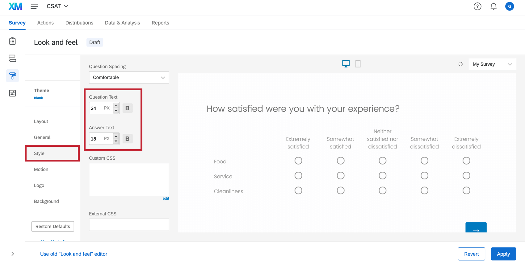 Texte de question de la taille du texte dans le menu Apparence