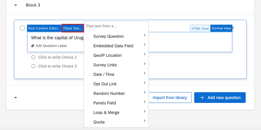 Piped text tab is the second of the blue tabs that appears when you click into question text