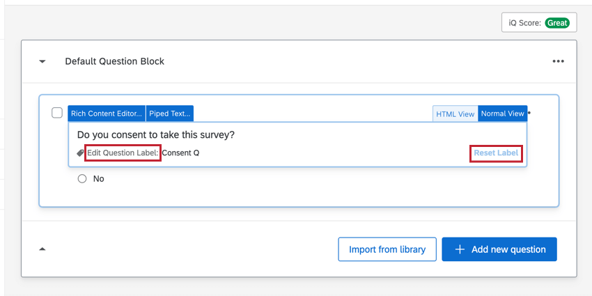 Clicking into a question, along the bottom is grayed out text where you can add a question label