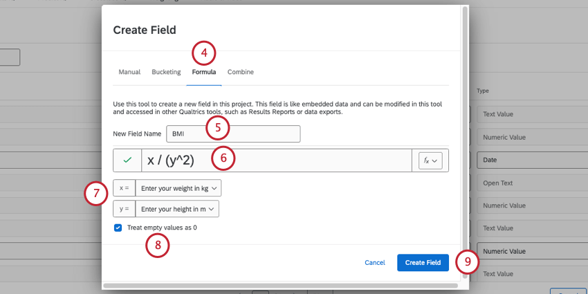 nova janela onde você configura sua fórmula
