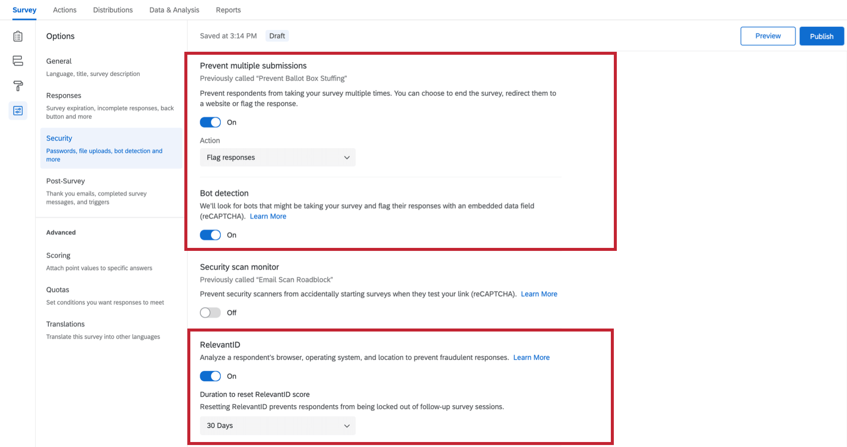 Abschnitt Umfrage mit den im folgenden Abschnitt beschriebenen Optionen