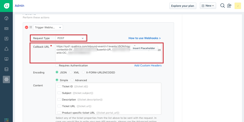 Request type field says POST and the callback URL has the URL from the JSON event