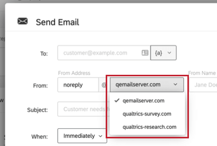 Campo de endereço de origem em uma tarefa de e-mail. Menu suspenso com lista de domínios de e-mail em vez de campo de texto aberto