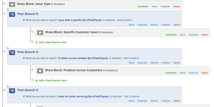 分岐は条件が書かれた青い要素で、その下にインデントされた灰色のブロックがある。