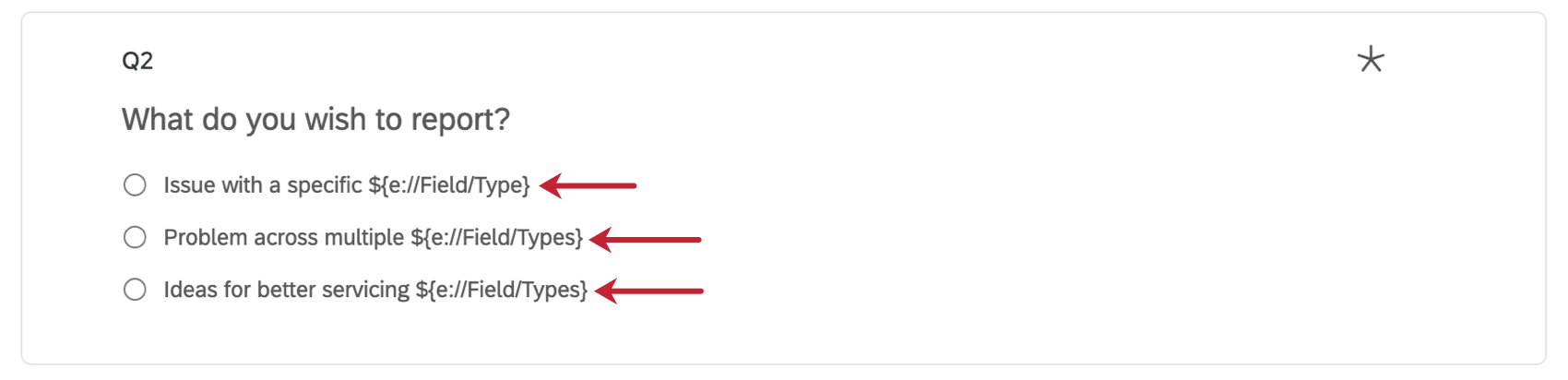 Primer plano de una opción múltiple titulada "¿Qué desea informar?", con cada opción con texto canalizado y flechas rojas que apuntan a cada opción.