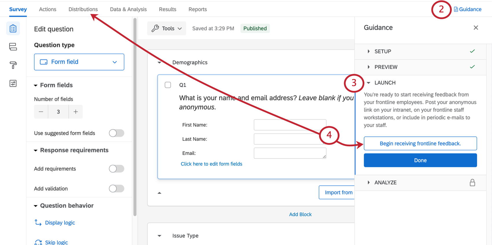 the guidance panel with the launch section open. click button described