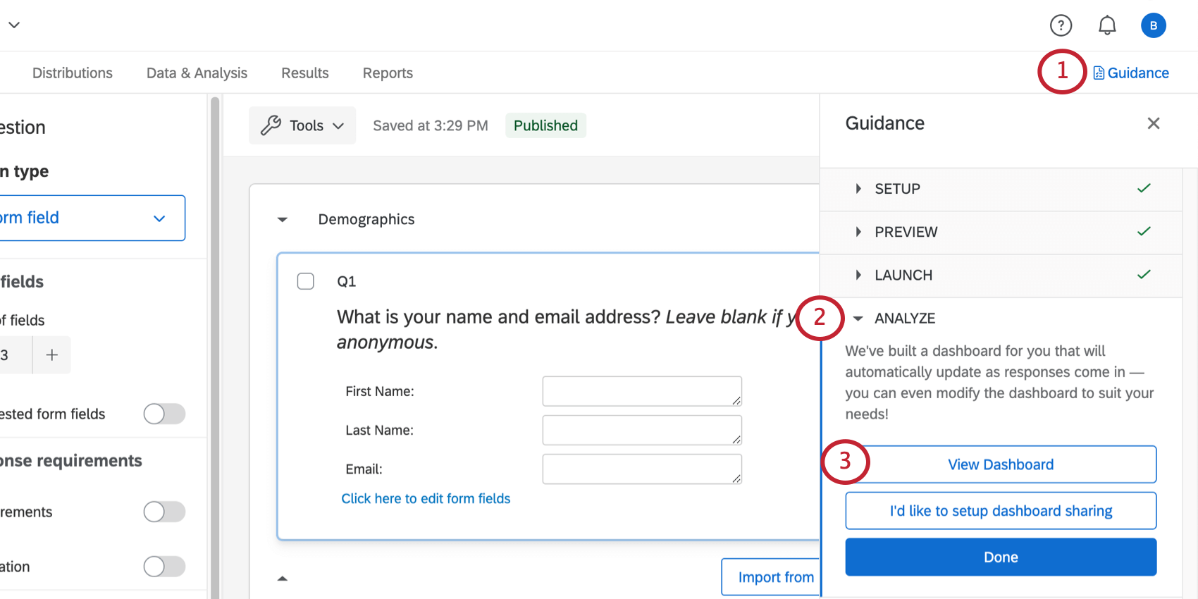 o painel orientação com a seção de análise aberta. clique em visualizar dashboard para abrir o dashboard