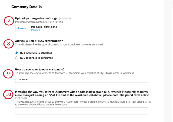 Top, Browse button for uploading an image file. Next, B2B vs. B2C choice, then an open text field for specifying the term for customers, then open optional text for plural form