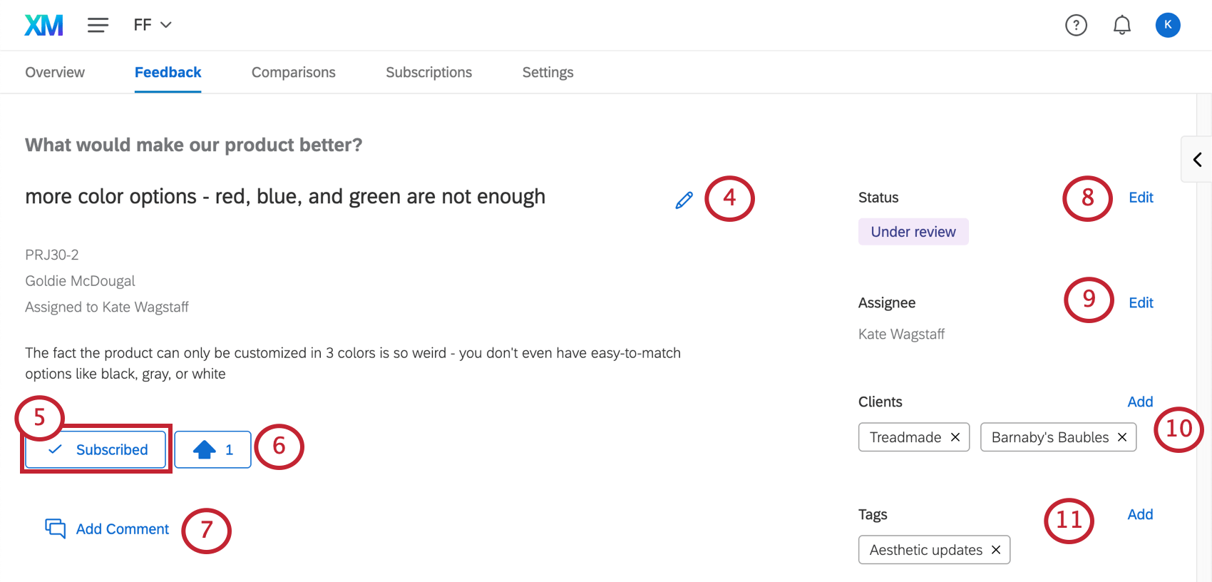 Uma imagem de uma solicitação de feedback. À esquerda estão o nome, a descrição, as informações básicas que não podem ser editadas, as configurações de assinatura, a capacidade de votar a favor e a capacidade de adicionar comentários. À direita estão o status editável, o responsável, os clientes e as tags