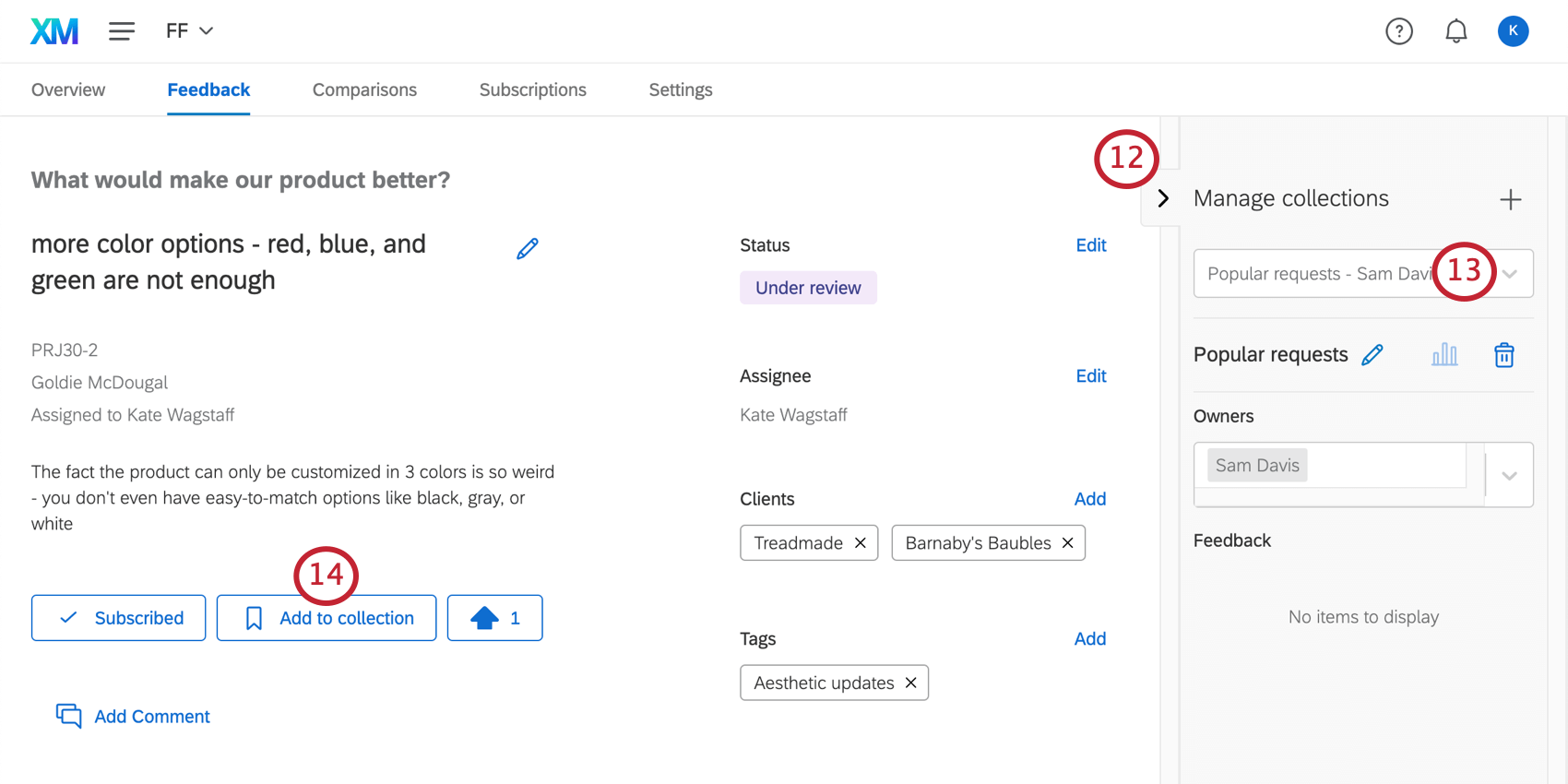 右側のグレーのメニューがコレクション情報を表示するように拡大されたフィードバック。フィードバックの説明のすぐ下に「コレクションに追加」ボタンが追加されました。
