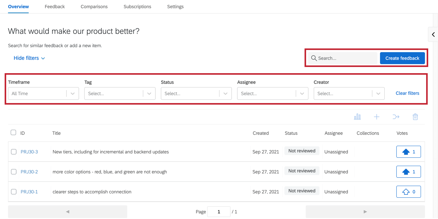 Unimmagine della scheda opinioni di frontline feedback; in alto a destra è presente una ricerca, mentre subito sotto sono presenti dei filtri