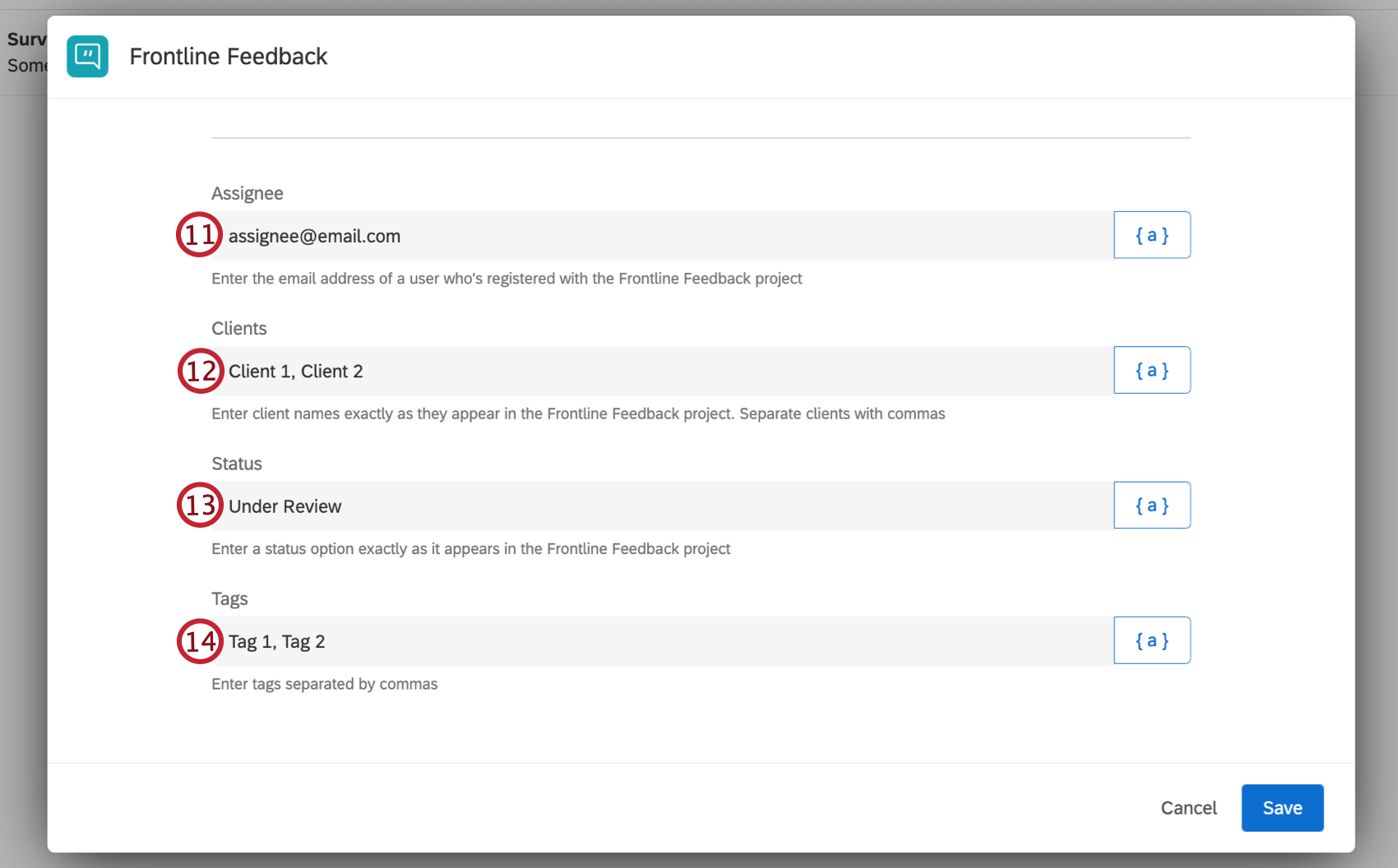 adicionar campos adicionais à tarefa de feedback da linha de frente