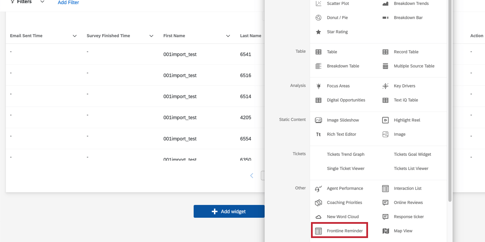 clicking add widget button makes a menu open up - in the other widgets section, you see frontline reminder