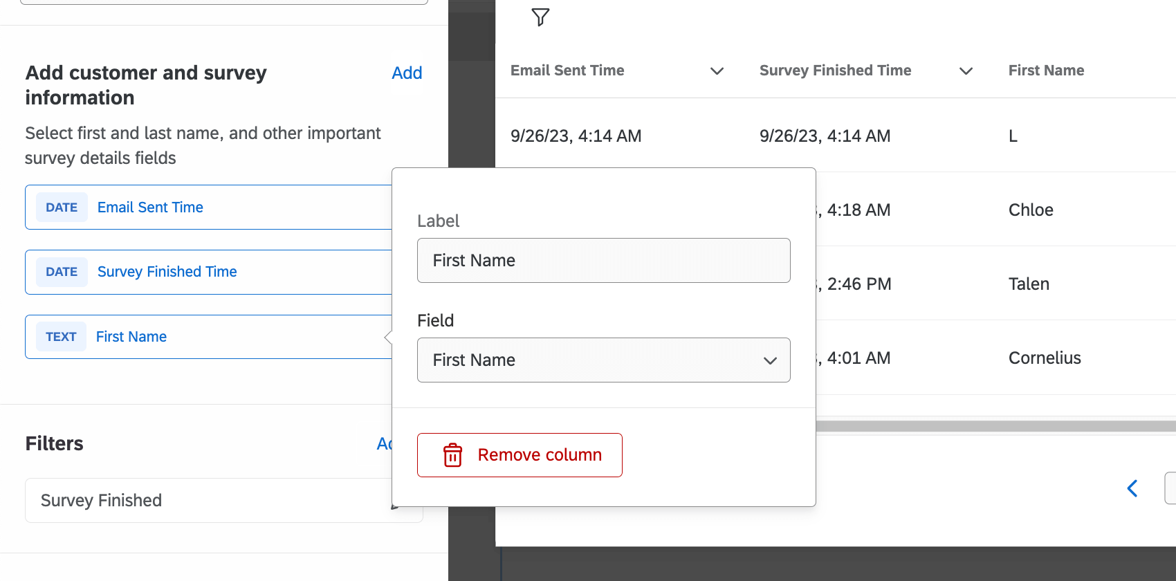la boîte de dialogue est développée et le bouton de suppression de la colonne est en rouge