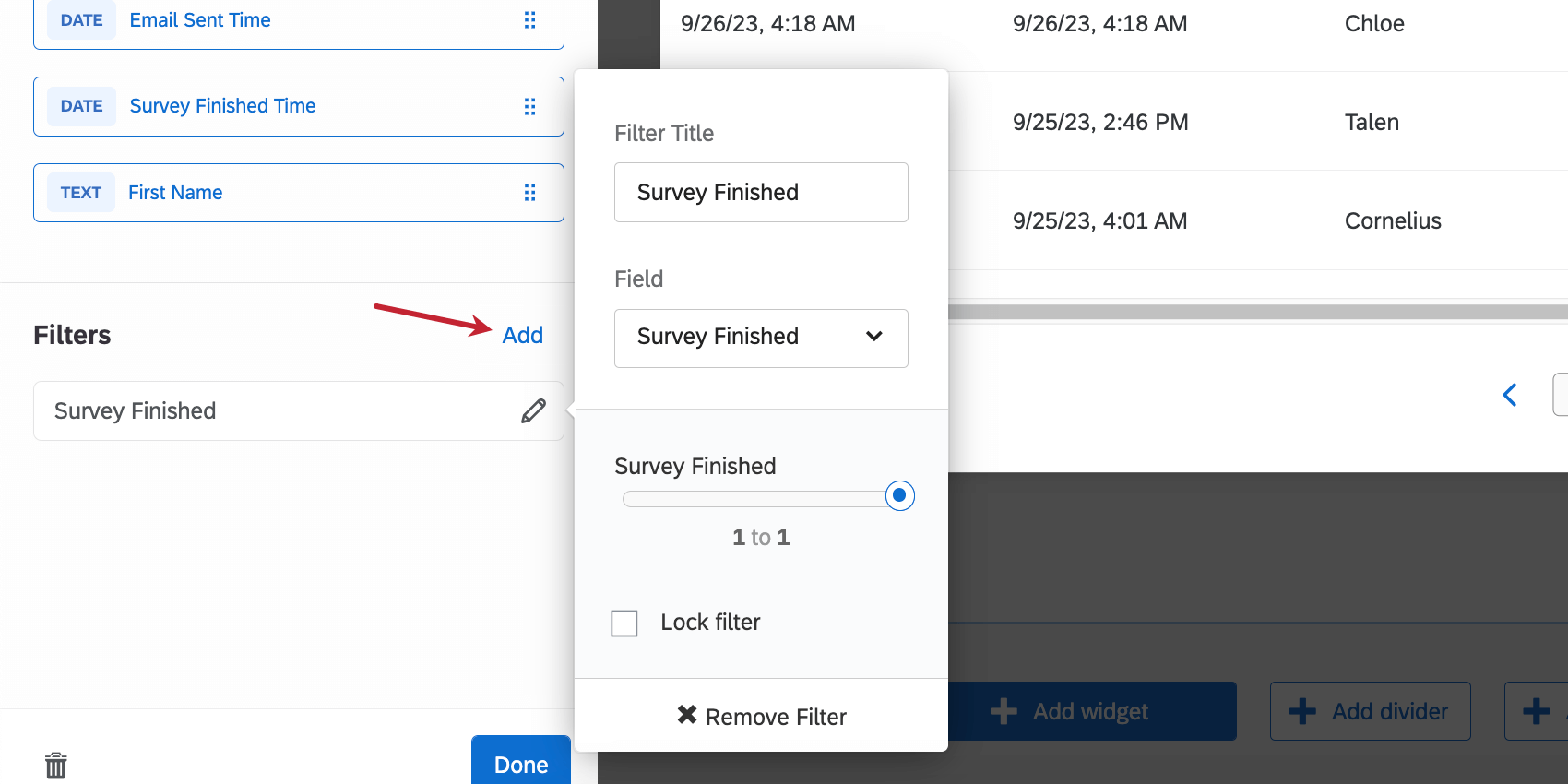 no painel de edição de widget, cabeçalho de filtros, com um botão de adição. clique em um filtro para exibir uma caixa de diálogo com mais configurações