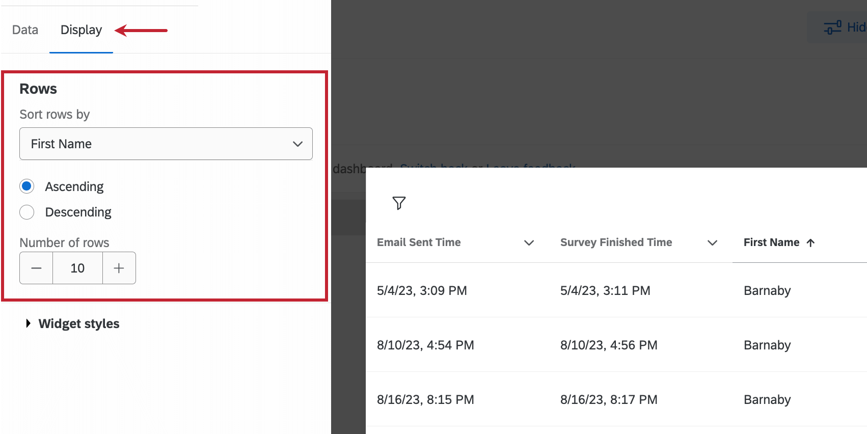 display option tab of widget editing pane