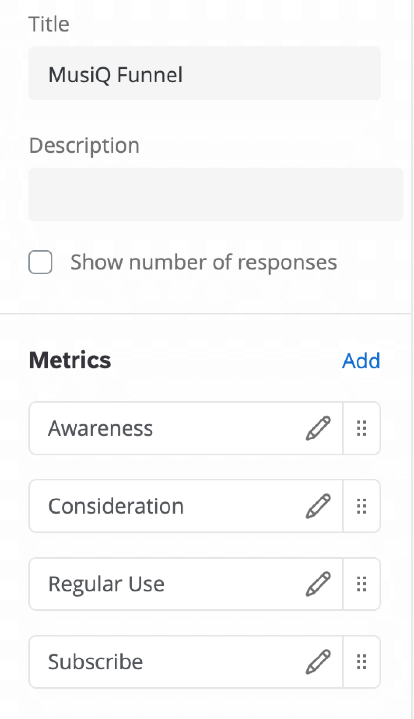 Editing pane with metrics that say awareness, consideration, regular use, subscription, just like the example we saw in the beginning of the page