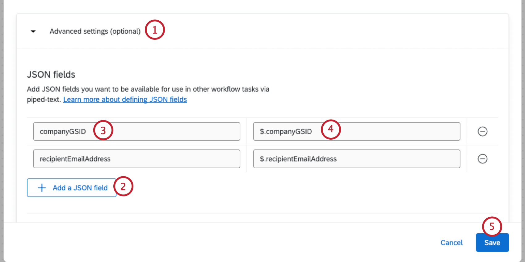 mapeamento de campos json na seção de configurações avançadas do evento json