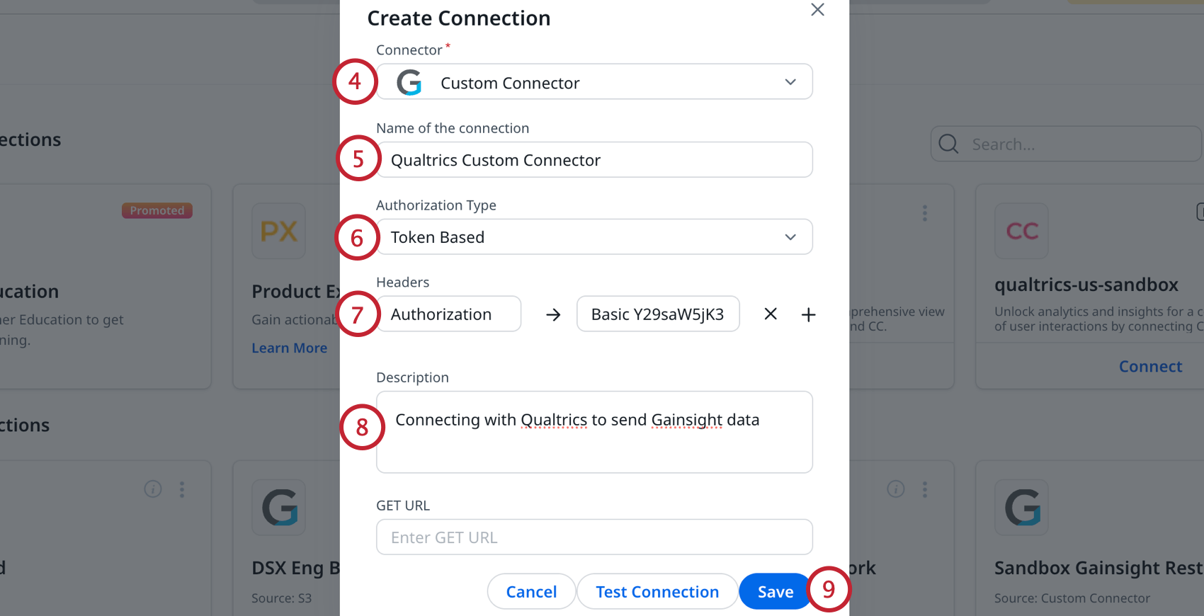 configuração do conector personalizado qualtrics