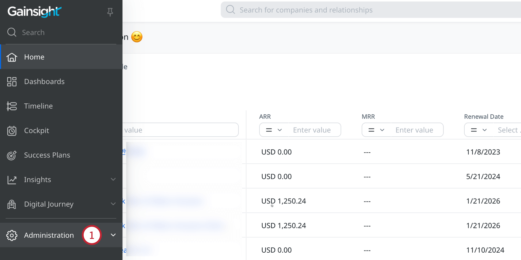 navegando para a administração em gainsight