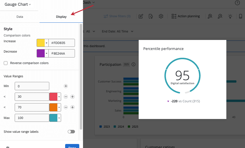 a seção de exibição da edição de widget