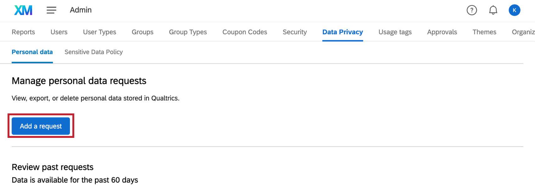 Under the sections described, a blue Add a Request button that appears after a couple sets of intro text