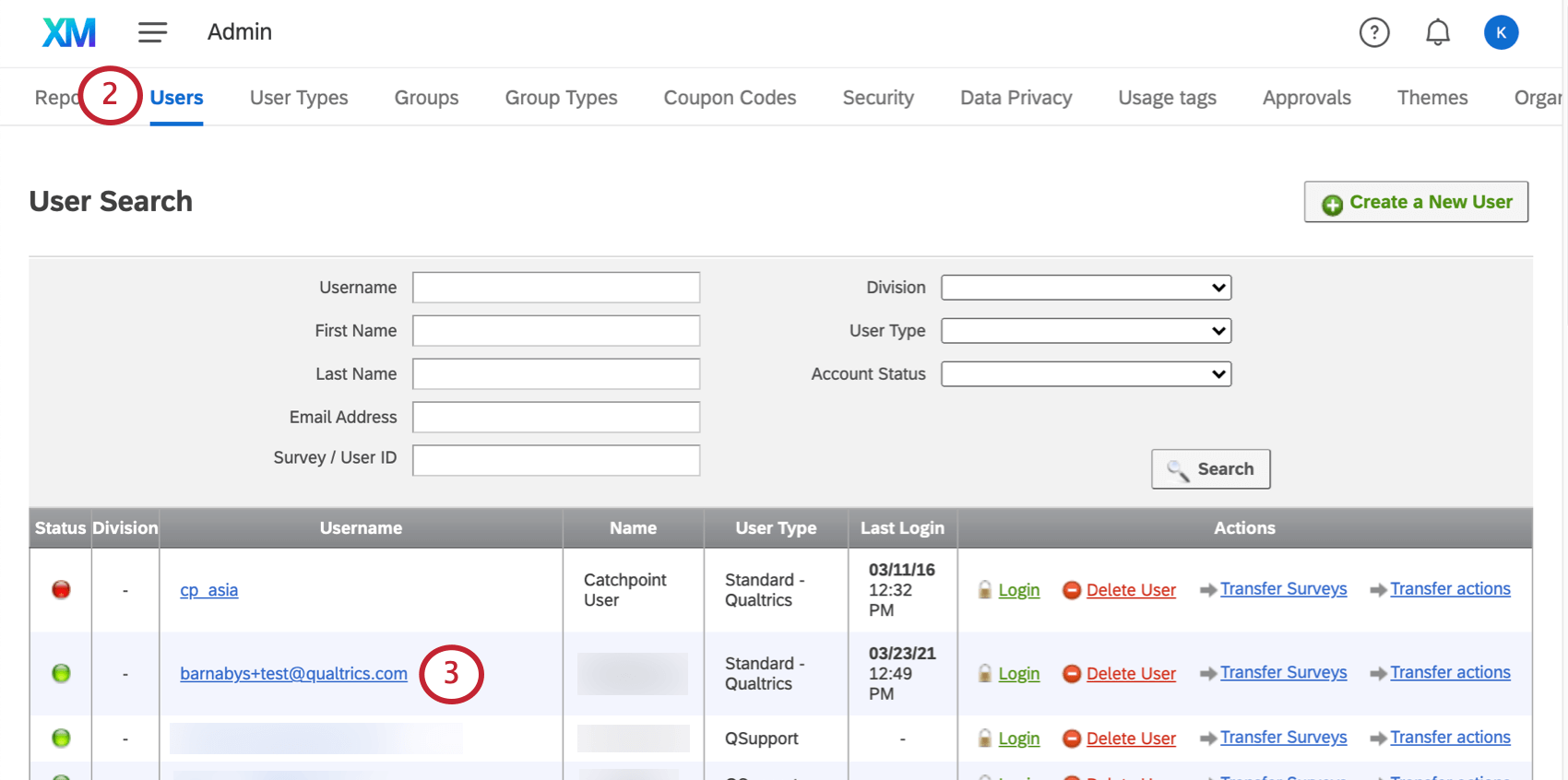 Users tab of admin section with users listed along bottom