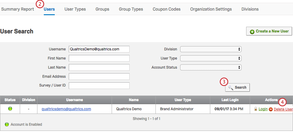 Delete User Option under rightmost Actions Column in list of users