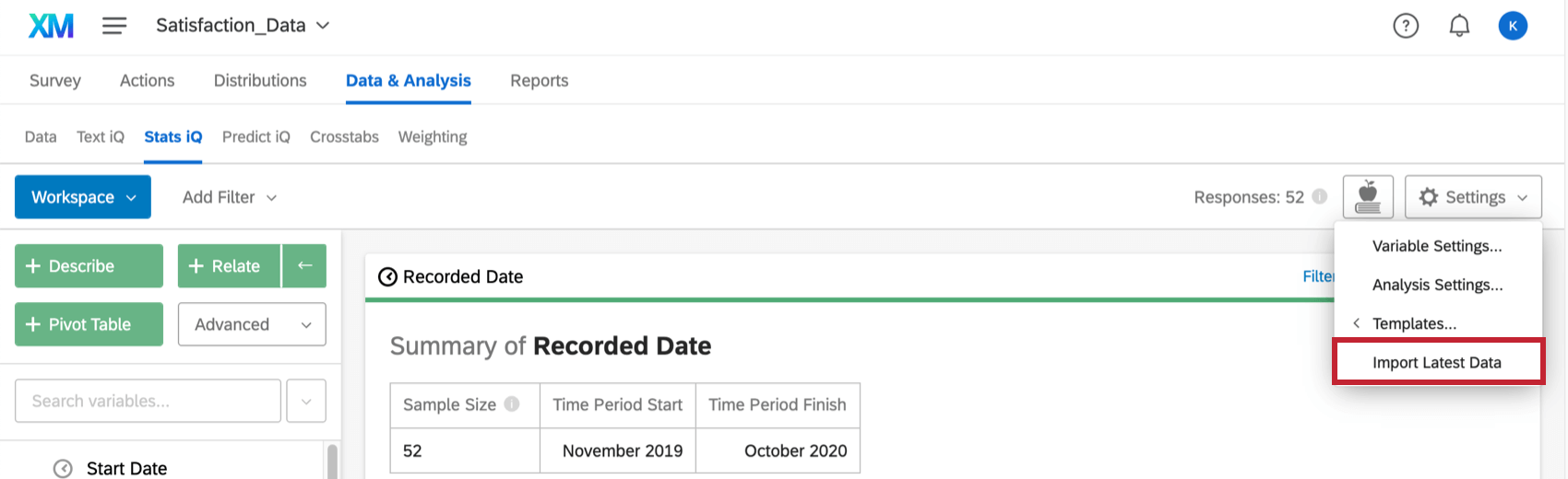 Menü für in Stats iQ aufgeklappte Einstellungen