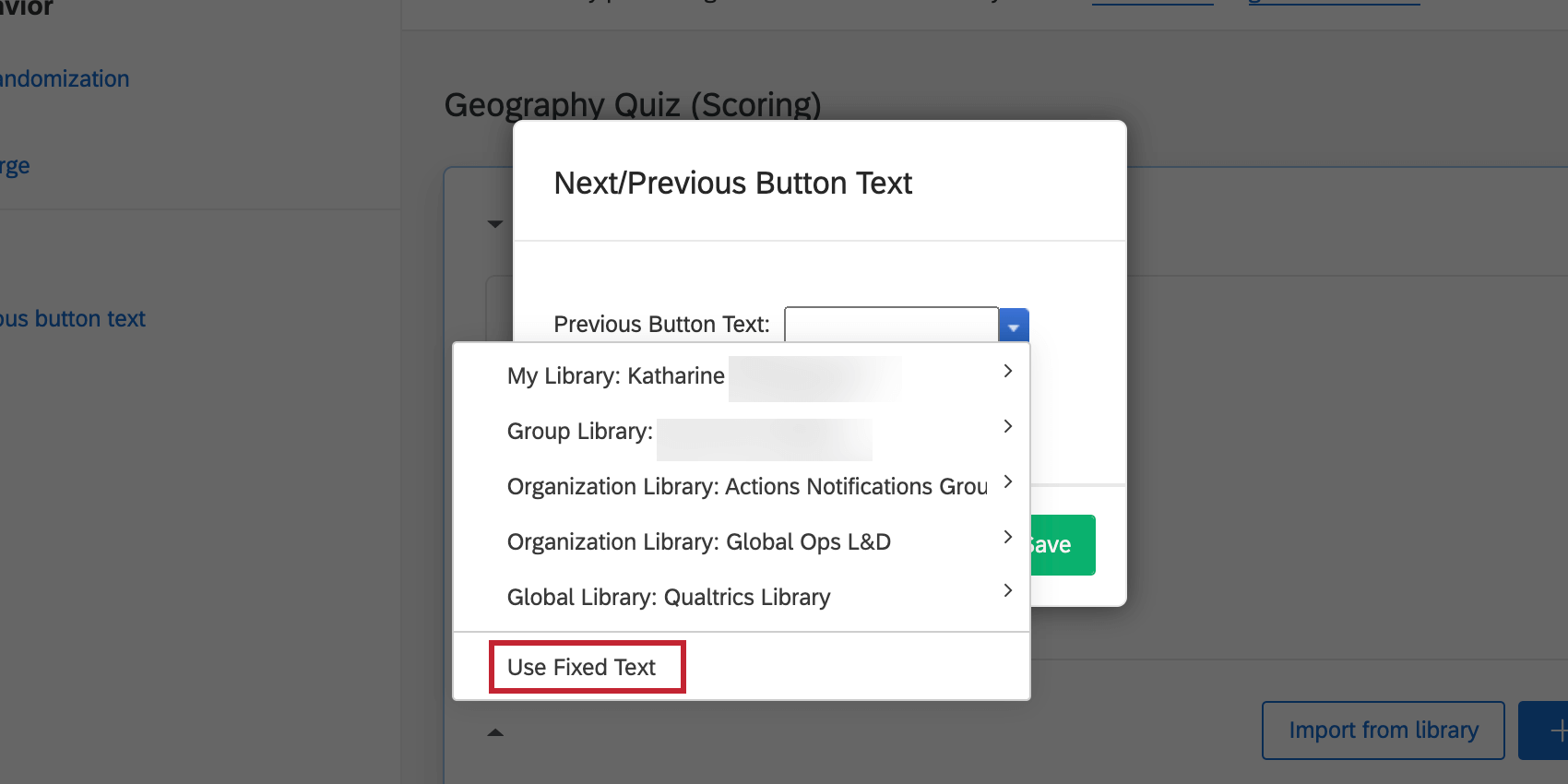 Bild der Option „Festgelegten Text verwenden“, die angezeigt wird, wenn Sie den Text für die Zurück/Weiter-Schaltfläche in den Blockoptionen ändern.