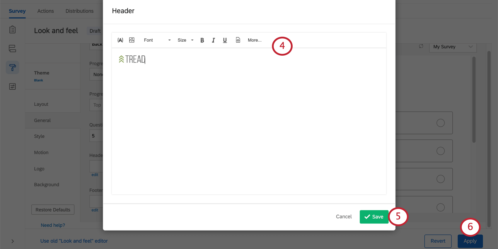 immagine della schermata delleditor di intestazioni e piè di pagina. Nelleditor compare il logo di Qualtrics.
