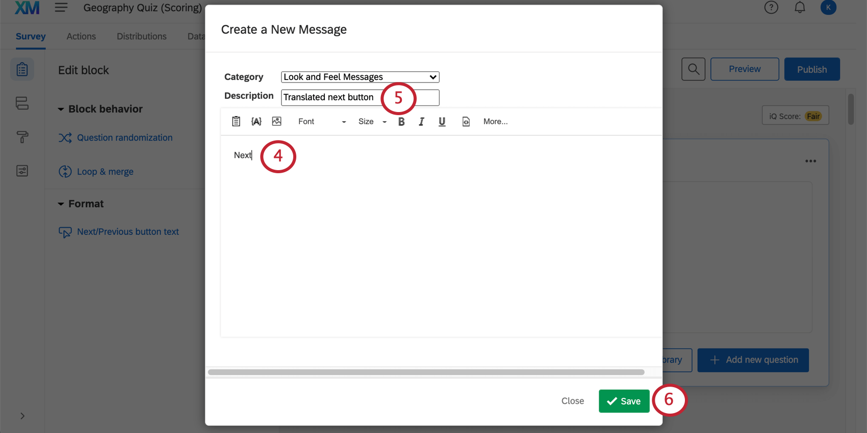 次へ］ボタン／［前へ］ボタン用のメッセージを作成するための新規メッセージ作成画面の画像。